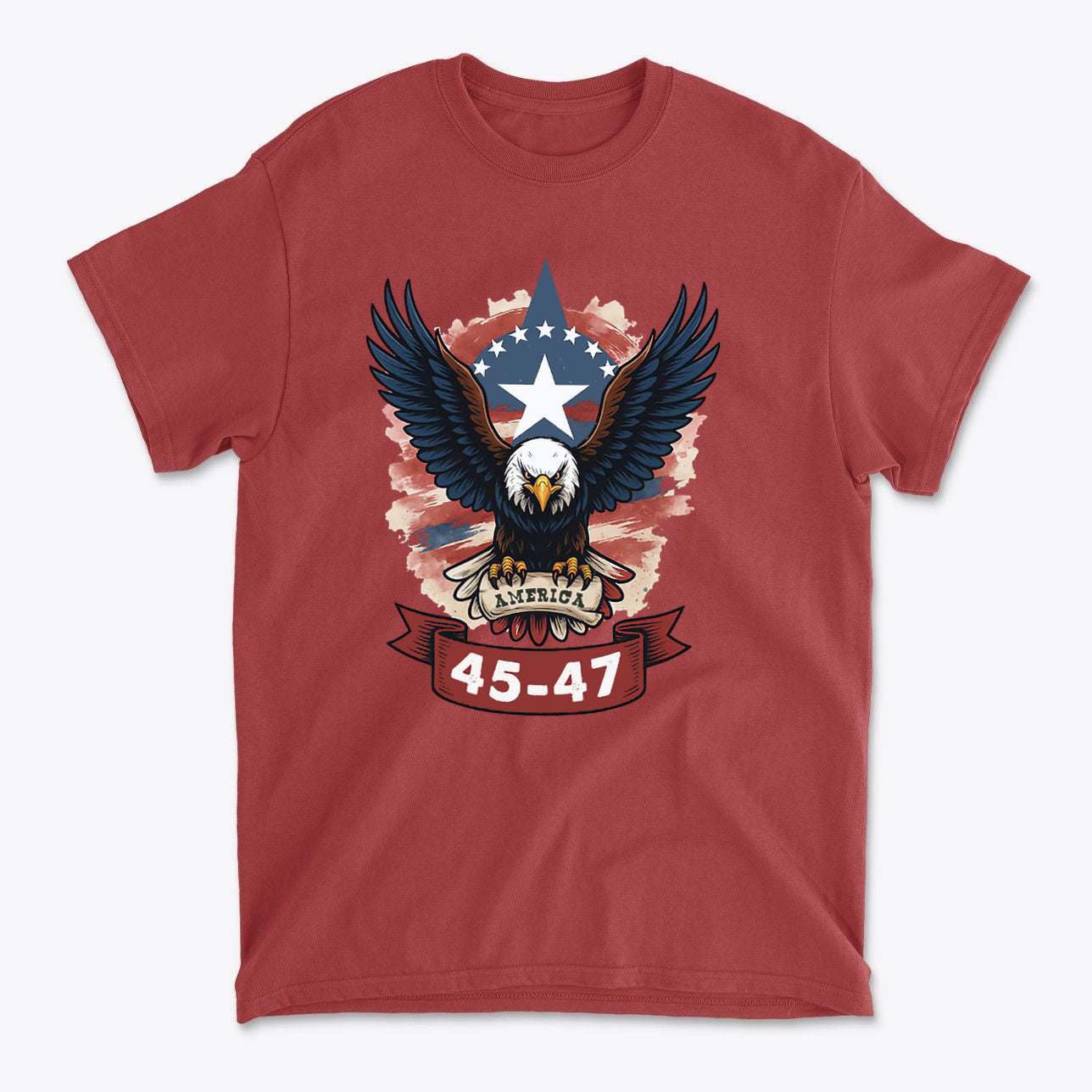 Eagle America 45 47 Iconic Style graphic tee featuring an eagle, stars, and patriotic colors.