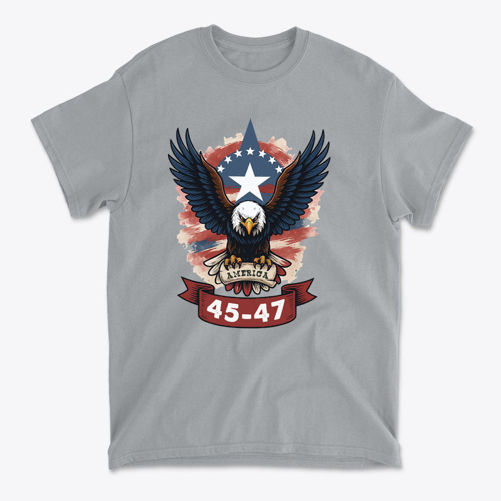 Eagle America 45 47 Iconic Style graphic t-shirt featuring an eagle and patriotic design.