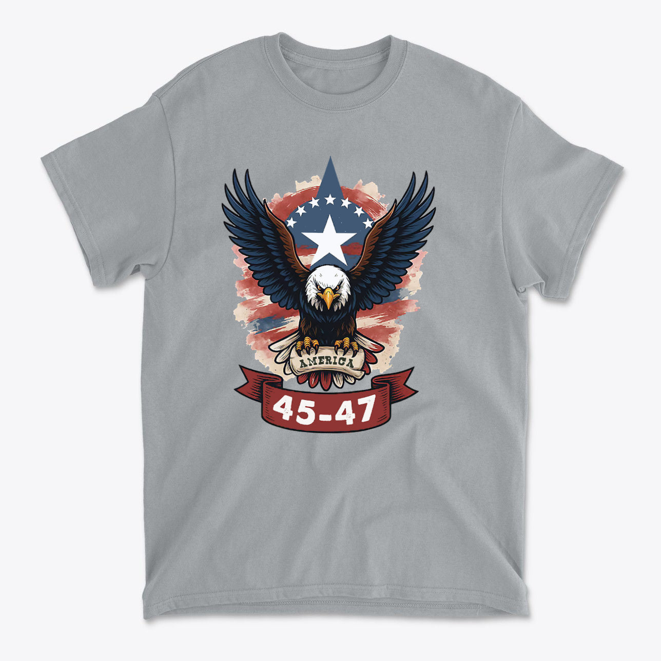Eagle America 45 47 Iconic Style graphic t-shirt featuring an eagle and patriotic design.