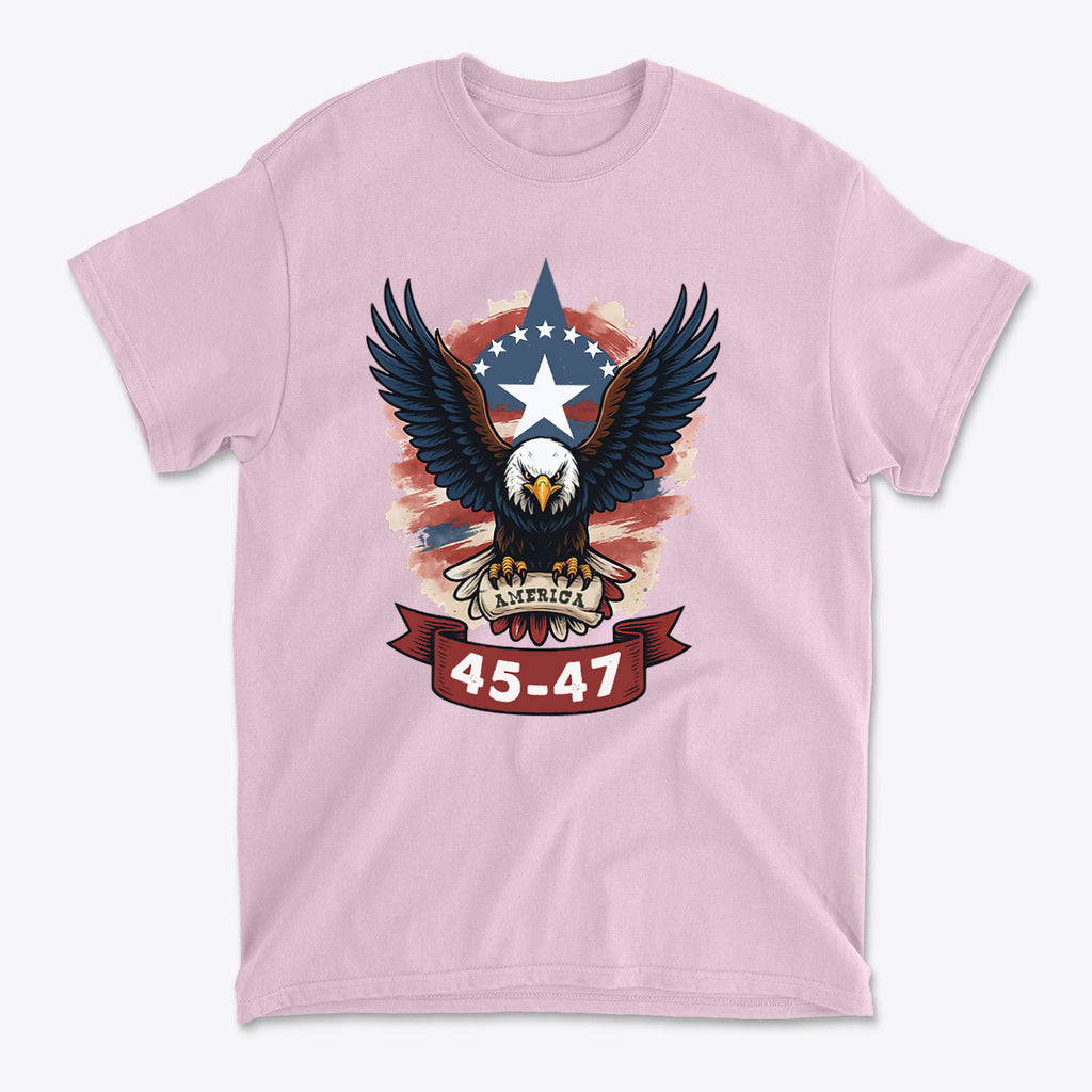Eagle America 45 47 Iconic Style graphic t-shirt featuring an eagle and patriotic design.