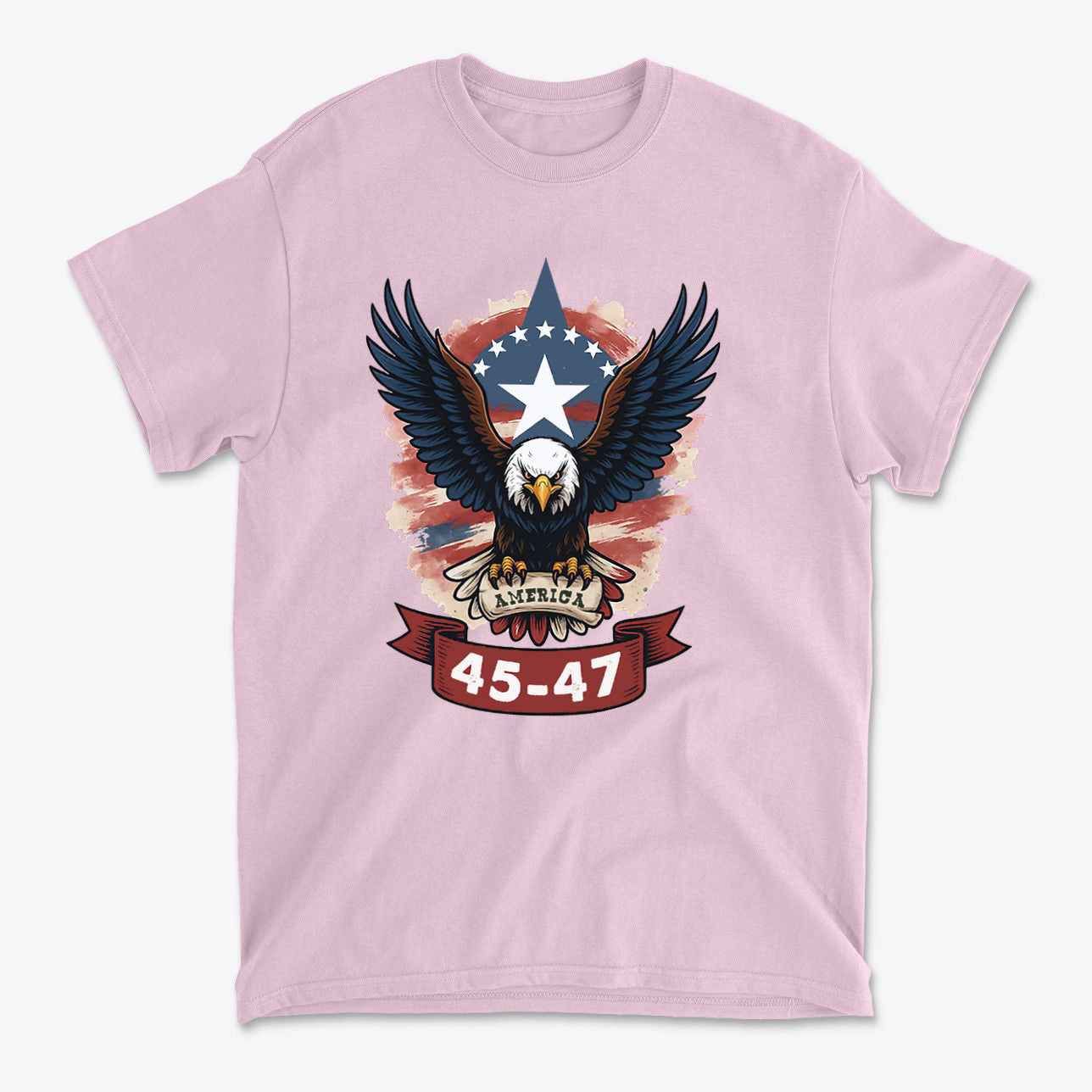 Eagle America 45 47 Iconic Style graphic t-shirt featuring an eagle and patriotic design.