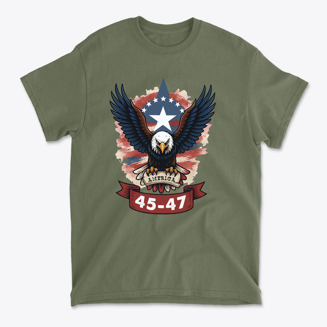 Eagle America 45 47 Iconic Style t-shirt featuring a bold eagle design and star background.