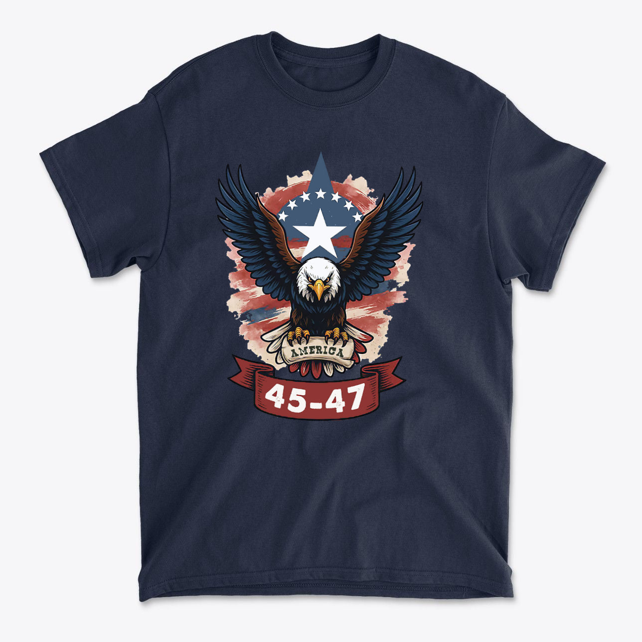 Eagle America 45 47 Iconic Style navy t-shirt featuring a bold eagle graphic and stars.
