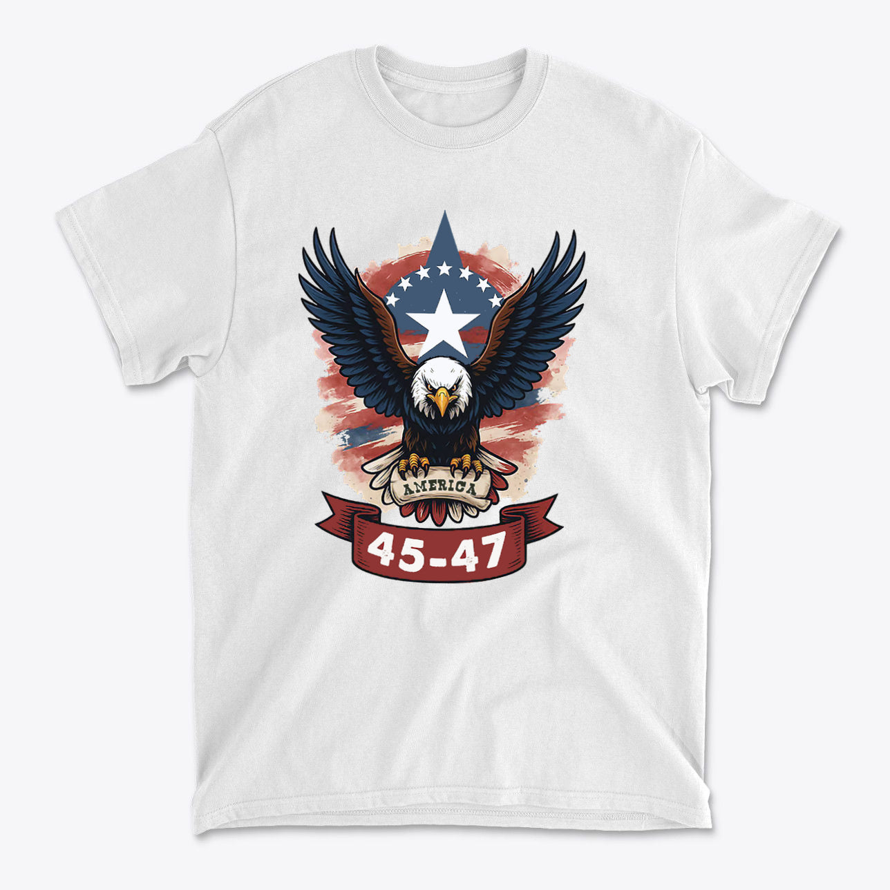 Eagle America 45 47 Iconic Style graphic t-shirt featuring an eagle and stars design.