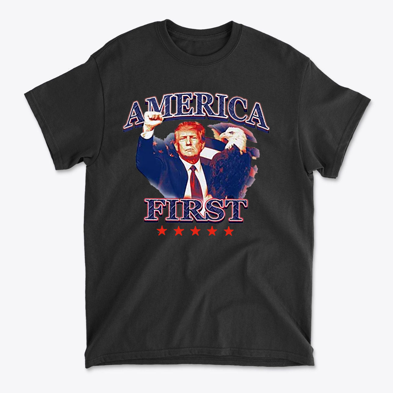 America First Graphic Design Tee featuring a graphic of a bald eagle and a patriotic design.