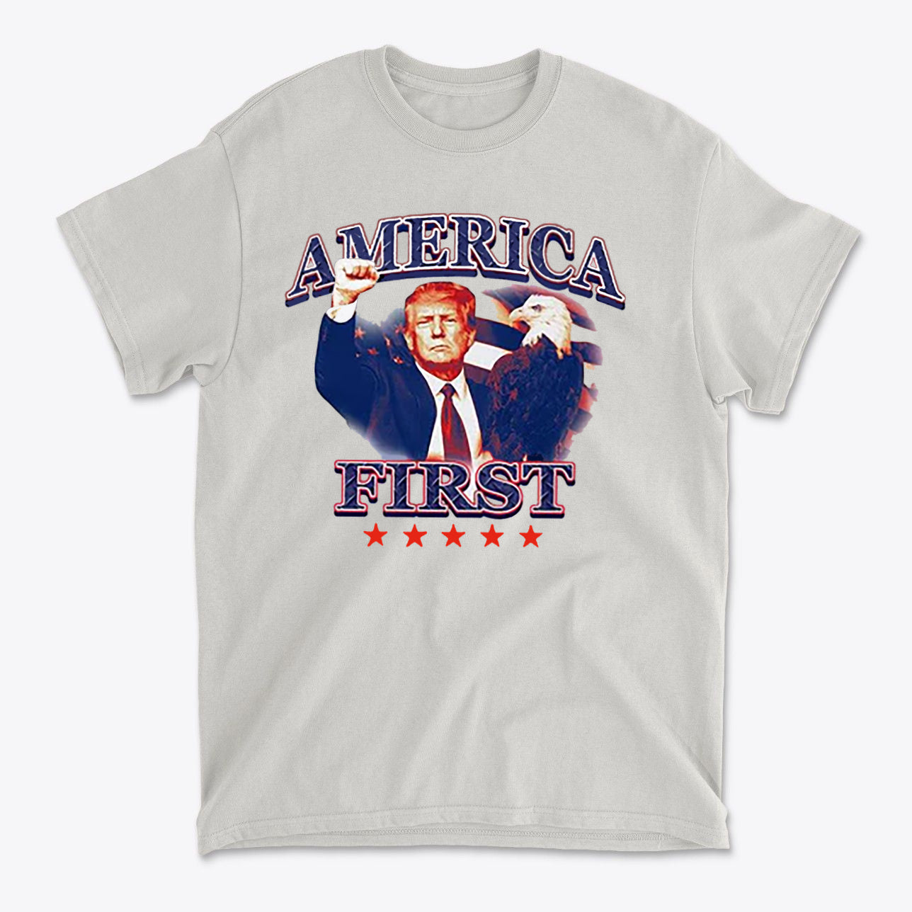 America First Graphic Design Tee featuring an eagle and patriotic graphics.