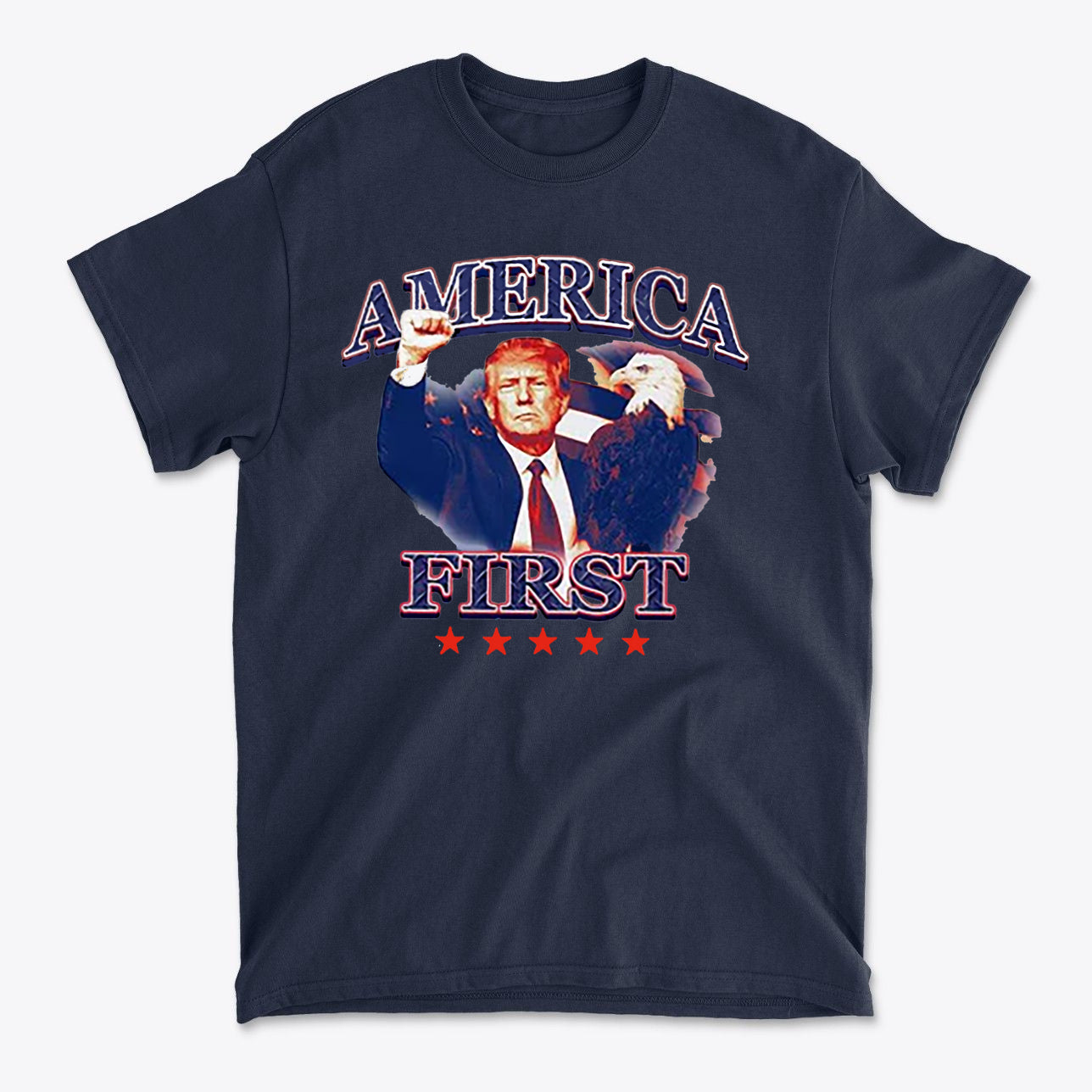 America First Graphic Design Tee featuring patriotic design with eagle and American flag colors.