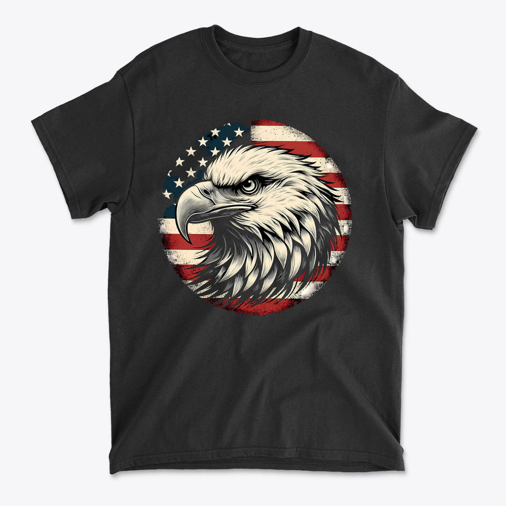 Eagle On American Flag Gear Tee showcasing a fierce eagle design against an American flag background.