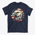Eagle On American Flag Gear Tee featuring a detailed eagle graphic on a patriotic flag background.