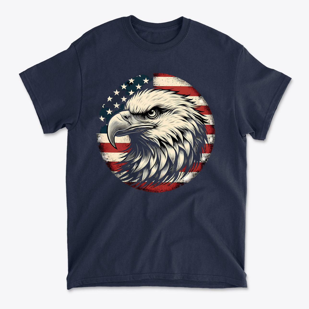 Eagle On American Flag Gear Tee featuring a detailed eagle graphic on a patriotic flag background.