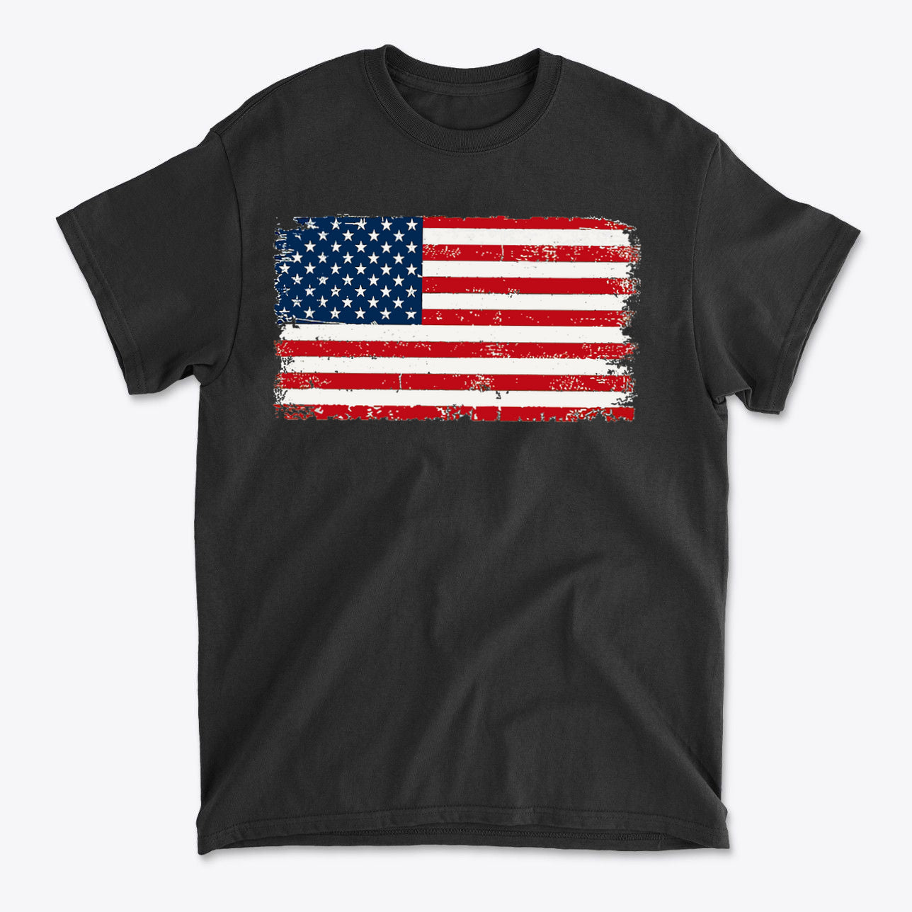 Distressed American Flag Gear Tee featuring a vintage American flag design on a black t-shirt.