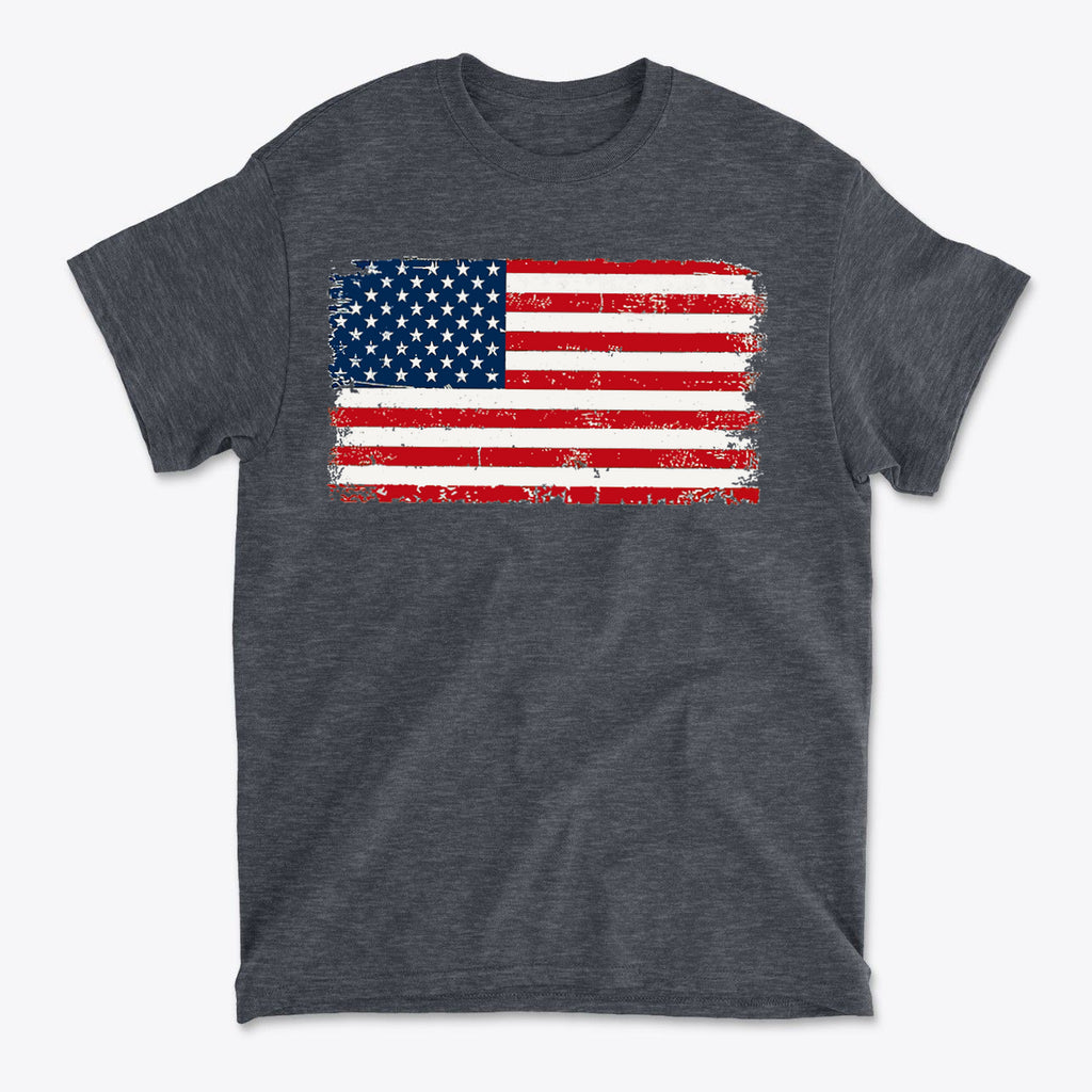 Distressed American Flag Gear Tee featuring a vintage American flag design on a dark t-shirt.