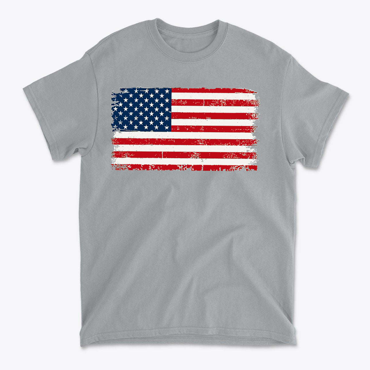 Distressed American Flag Gear Tee featuring a vintage American flag design on a gray t-shirt.