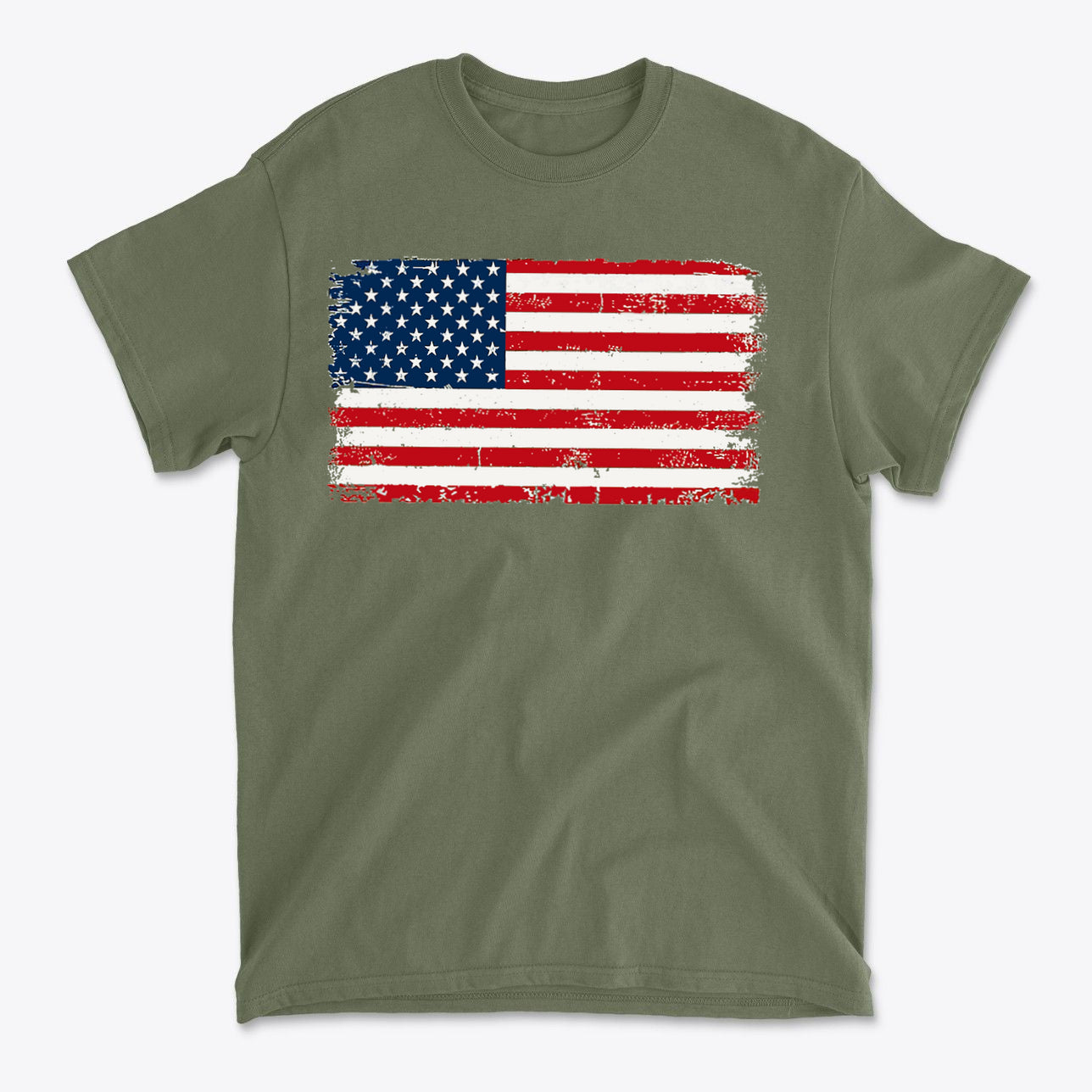 Distressed American Flag Gear Tee featuring a vintage-style American flag design on an olive green shirt