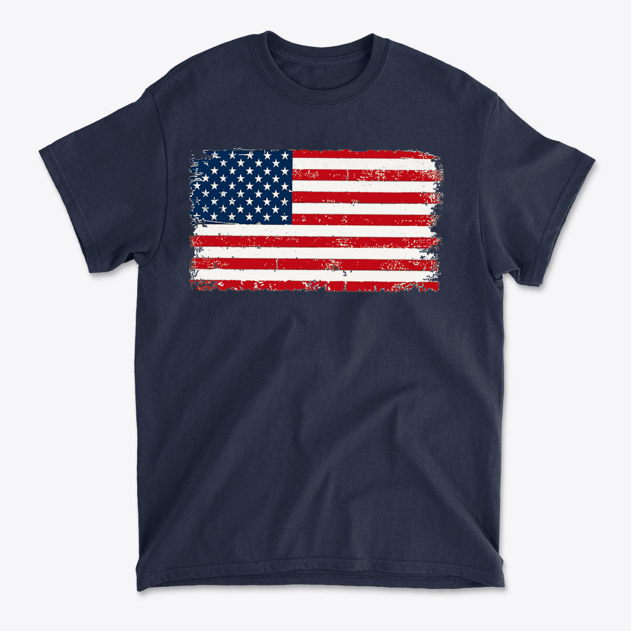 Distressed American Flag Gear Tee featuring a vintage American flag design on a navy blue shirt.