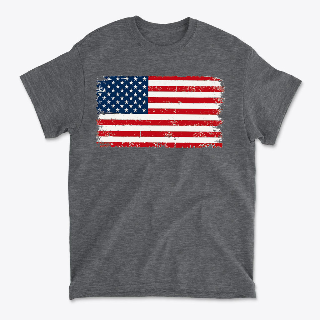 Distressed American Flag Gear Tee showcasing vintage flag design on a gray t-shirt.