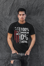 Man wearing 100 Percent American 0 Liberal graphic tee against a textured background.