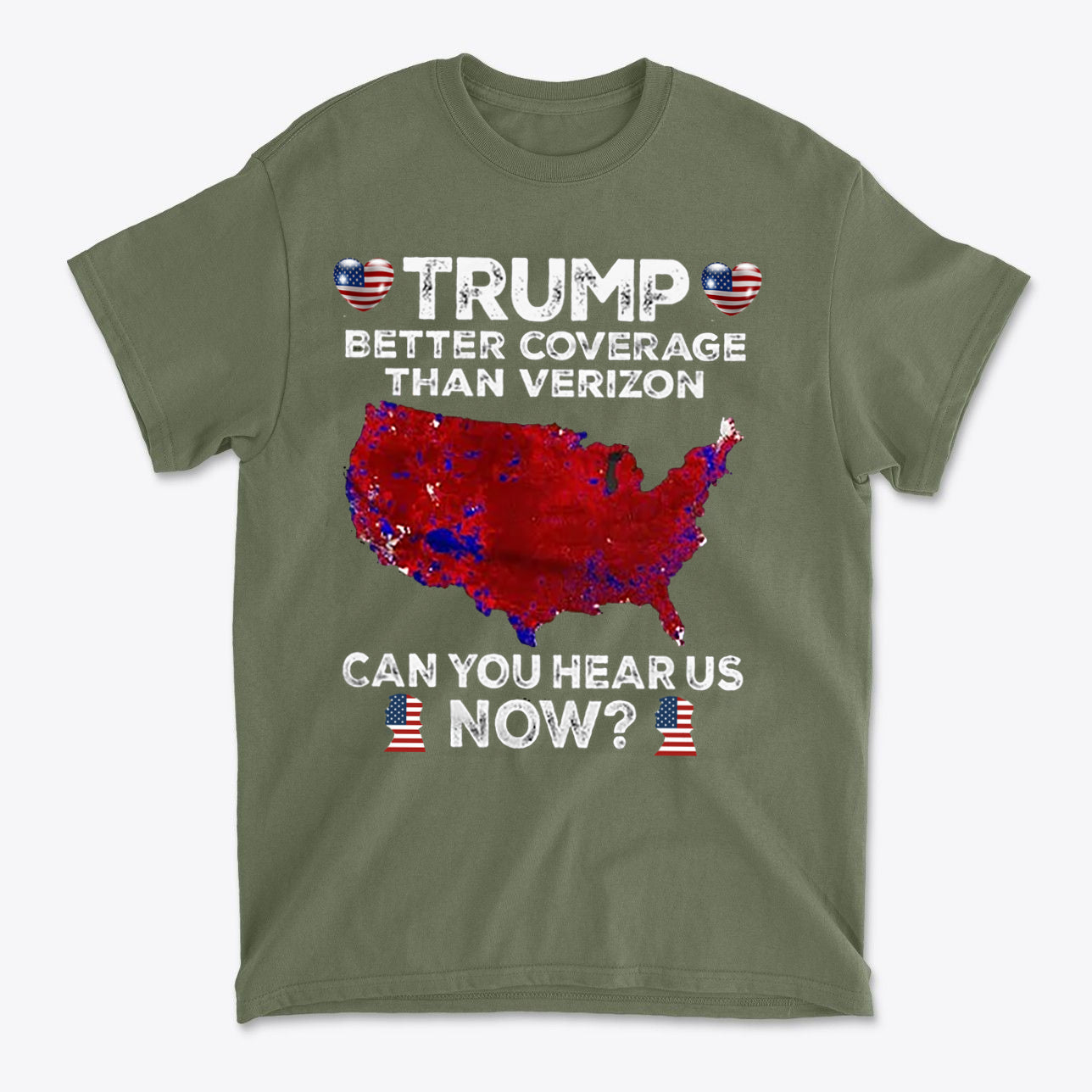 Graphic tee featuring the phrase 'Trump Better Coverage Than Verizon' with a red map of the USA.