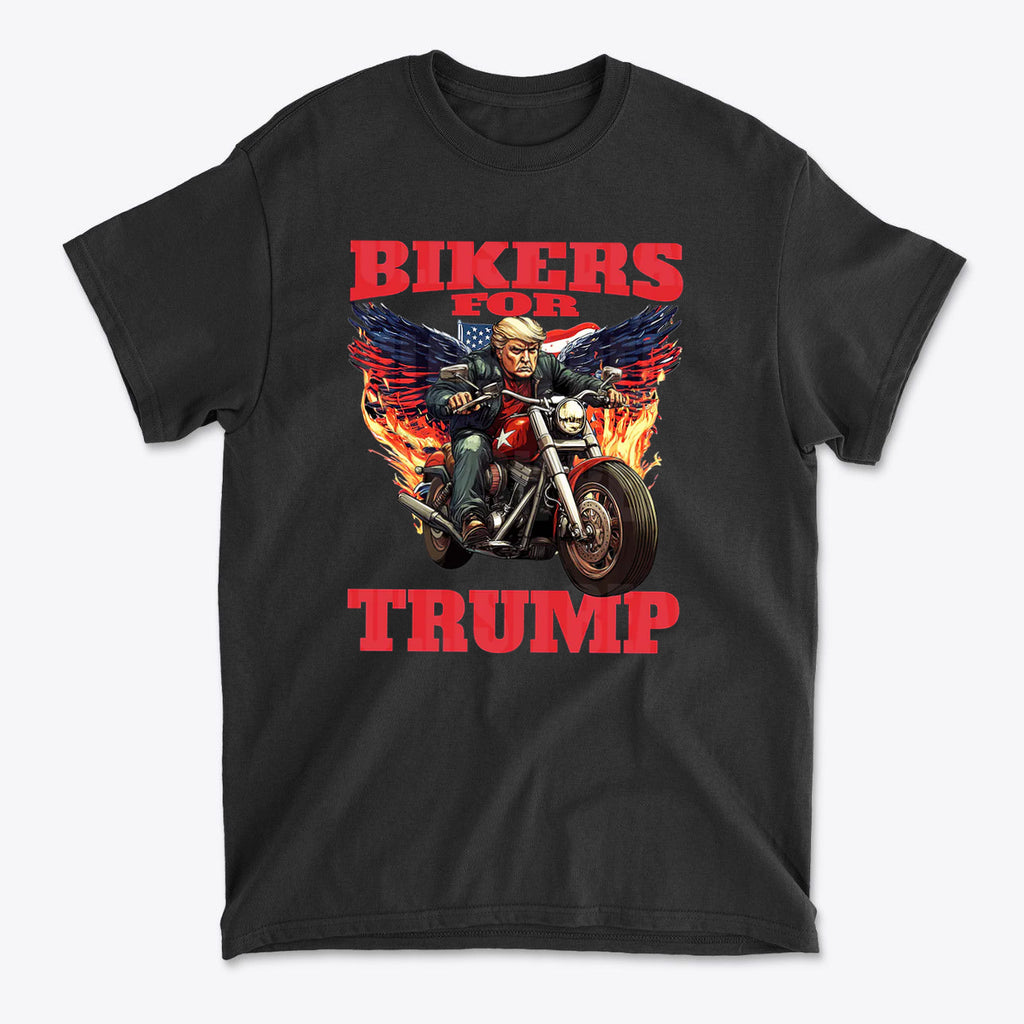 Bikers For Trump Graphic Design featuring a motorcycle, flames, and an eagle design on a black t-shirt.
