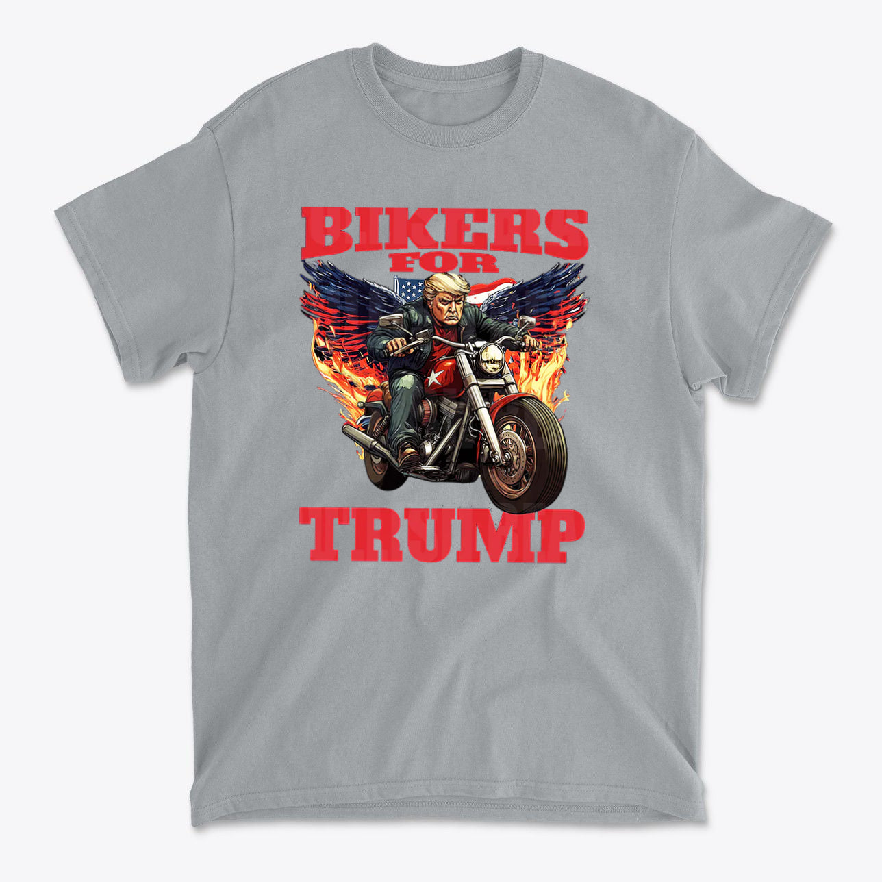 Bikers For Trump Graphic Design t-shirt featuring a rider on a motorcycle with wings and patriotic elements.