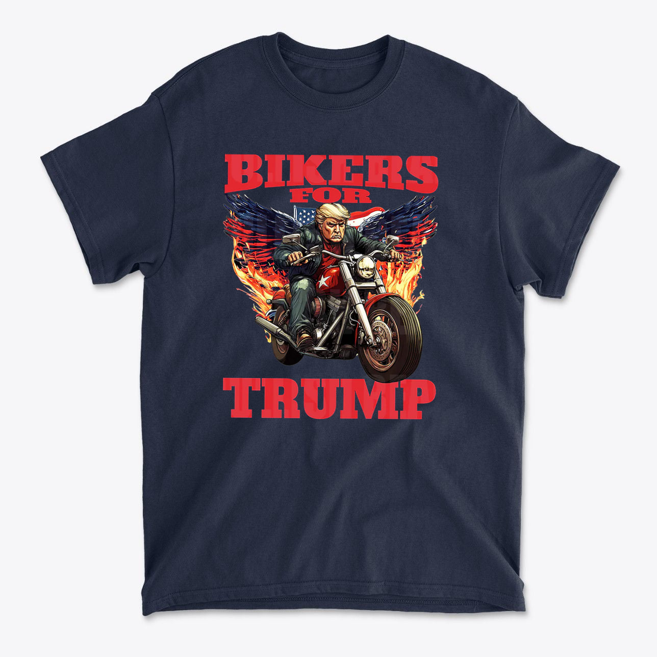 Bikers For Trump Graphic Design featuring a biker on a motorcycle with patriotic elements and bold graphics.