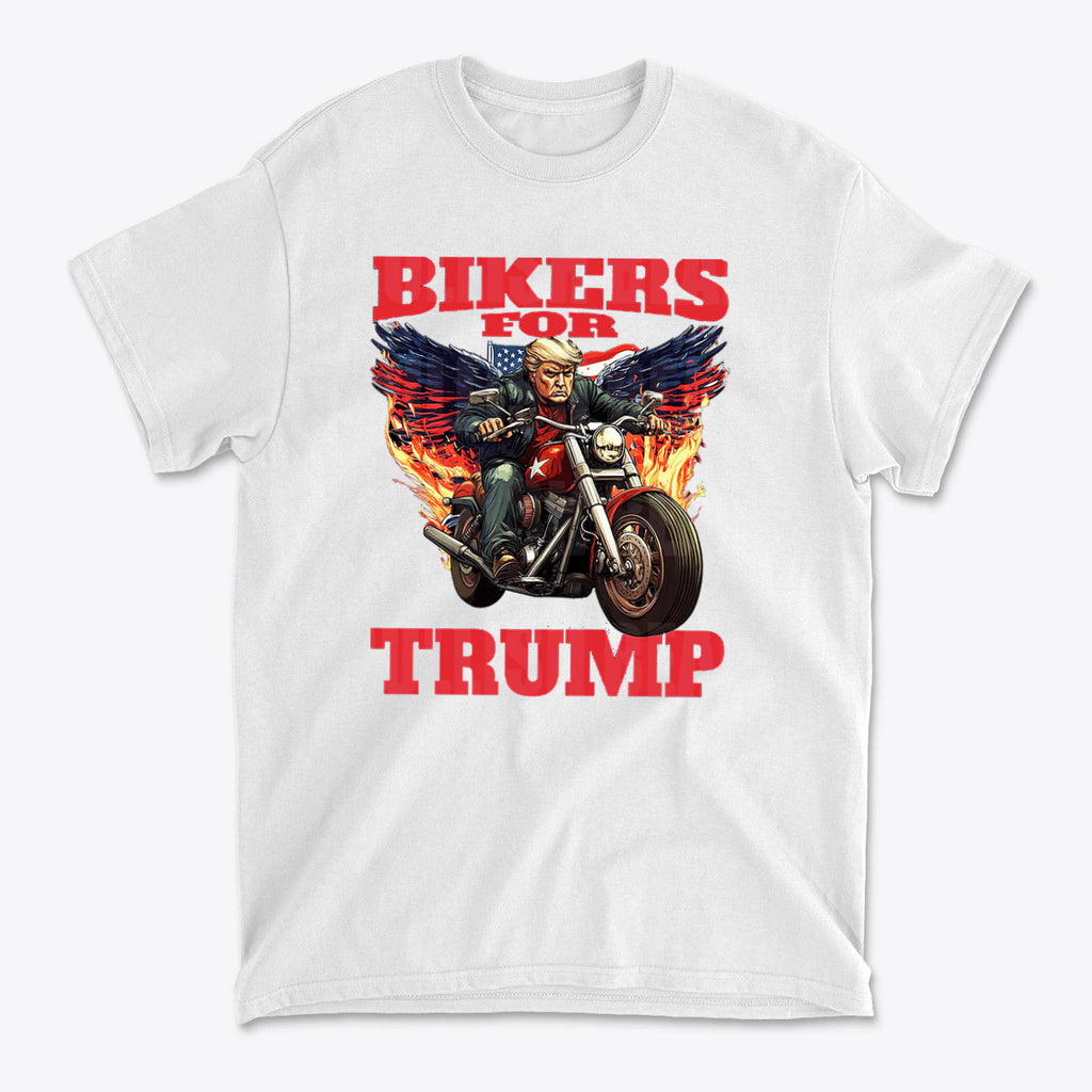 Bikers For Trump Graphic Design t-shirt featuring a biker with wings and patriotic flames.