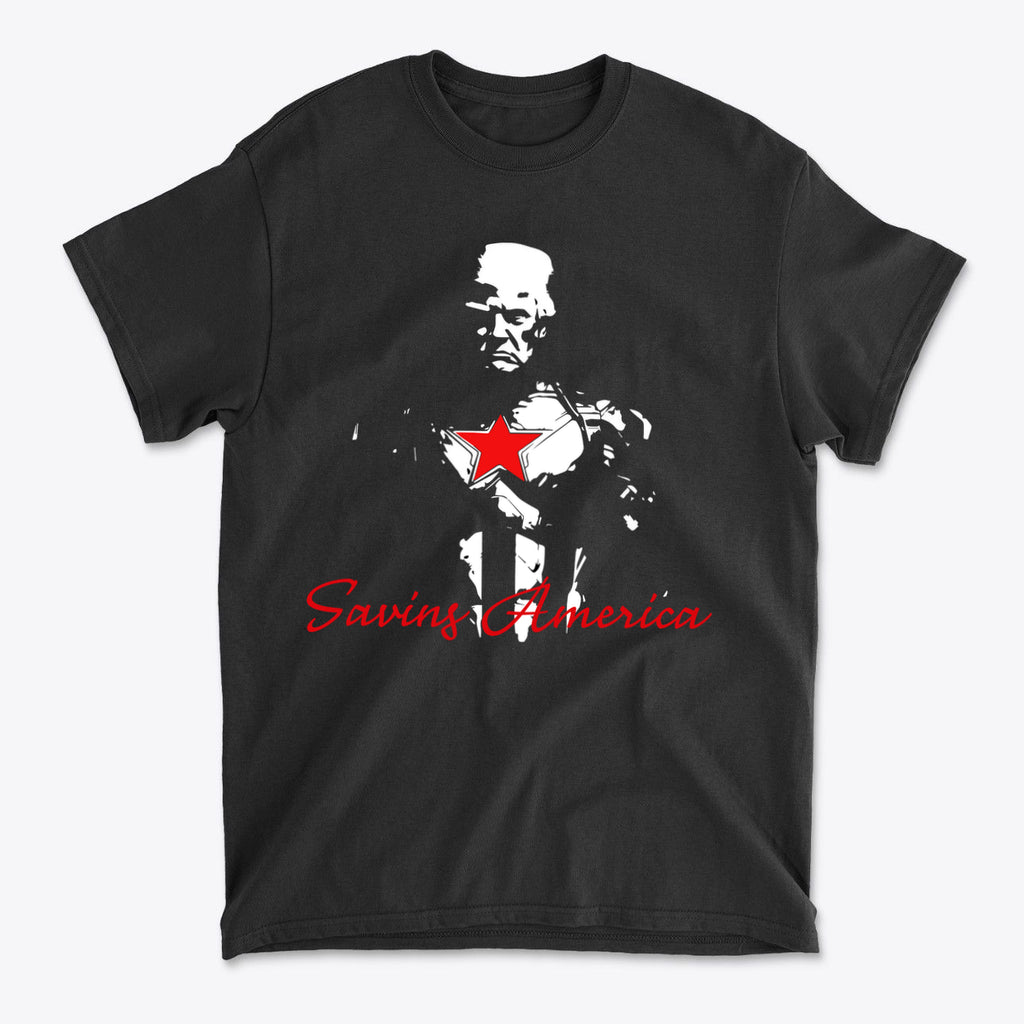 Saving America Graphic Design Tee featuring a graphic of a superhero with a star emblem in red on a black shirt.