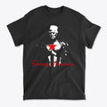 Saving America Graphic Design Tee featuring a graphic of a superhero with a star emblem in red on a black shirt.