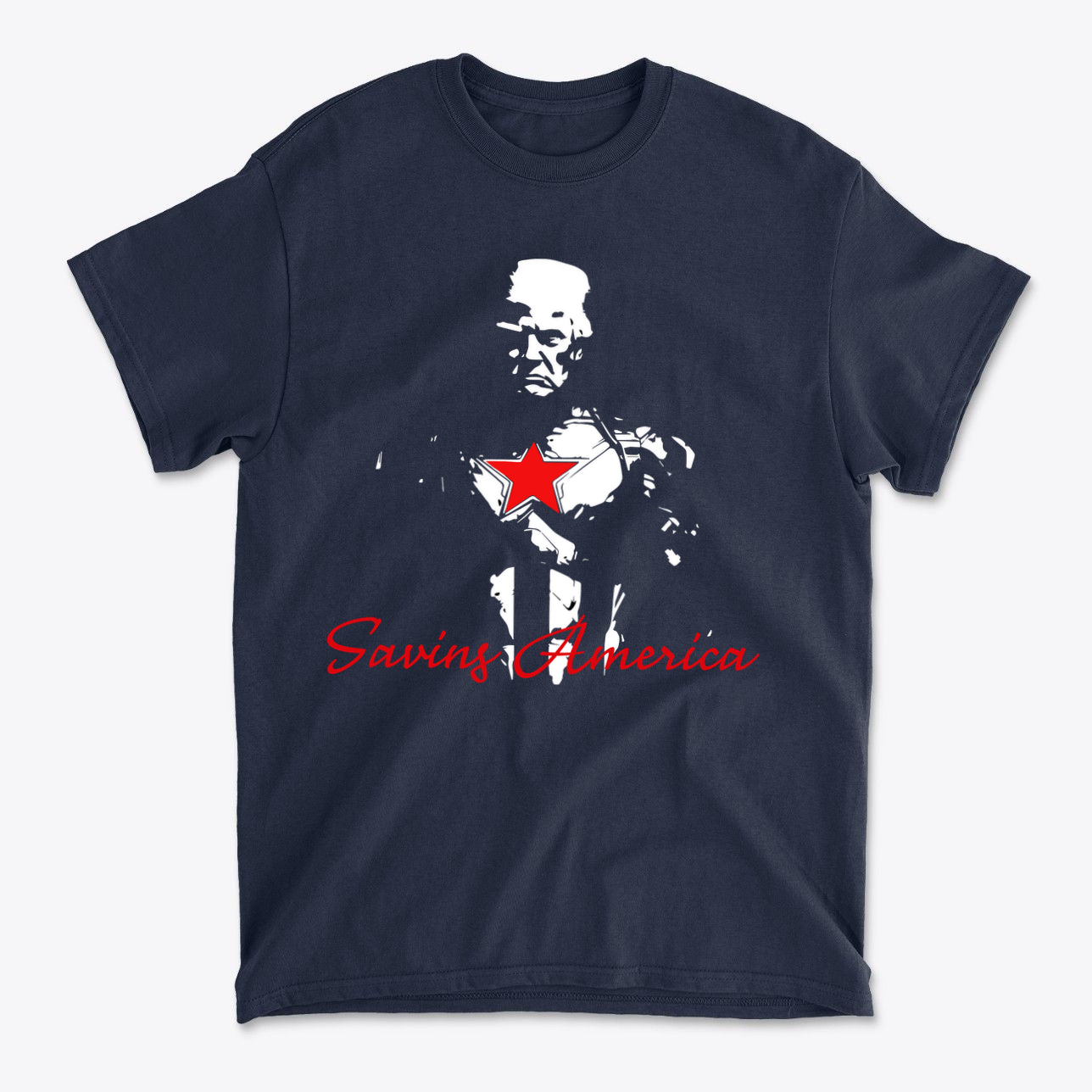 Saving America Graphic Design Tee featuring a character with patriotic elements and bold red lettering.