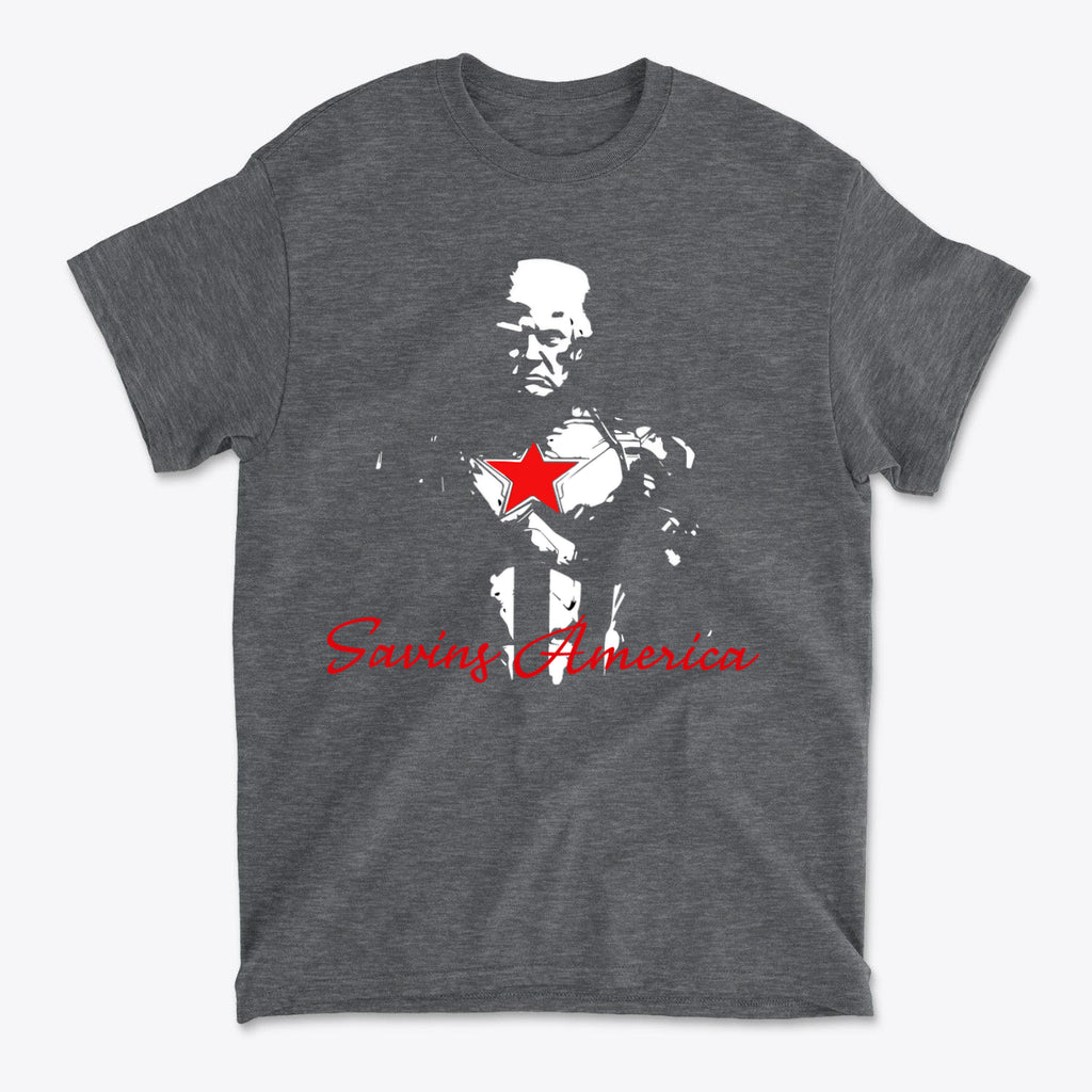 Saving America Graphic Design Tee featuring bold graphic and red star on a dark gray background.