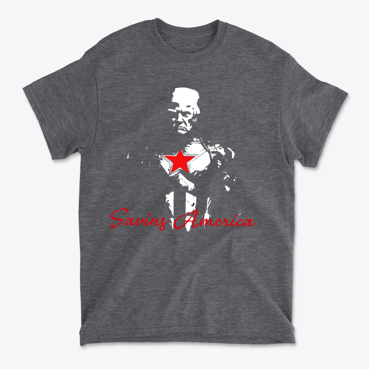 Saving America Graphic Design Tee featuring bold graphic and red star on a dark gray background.
