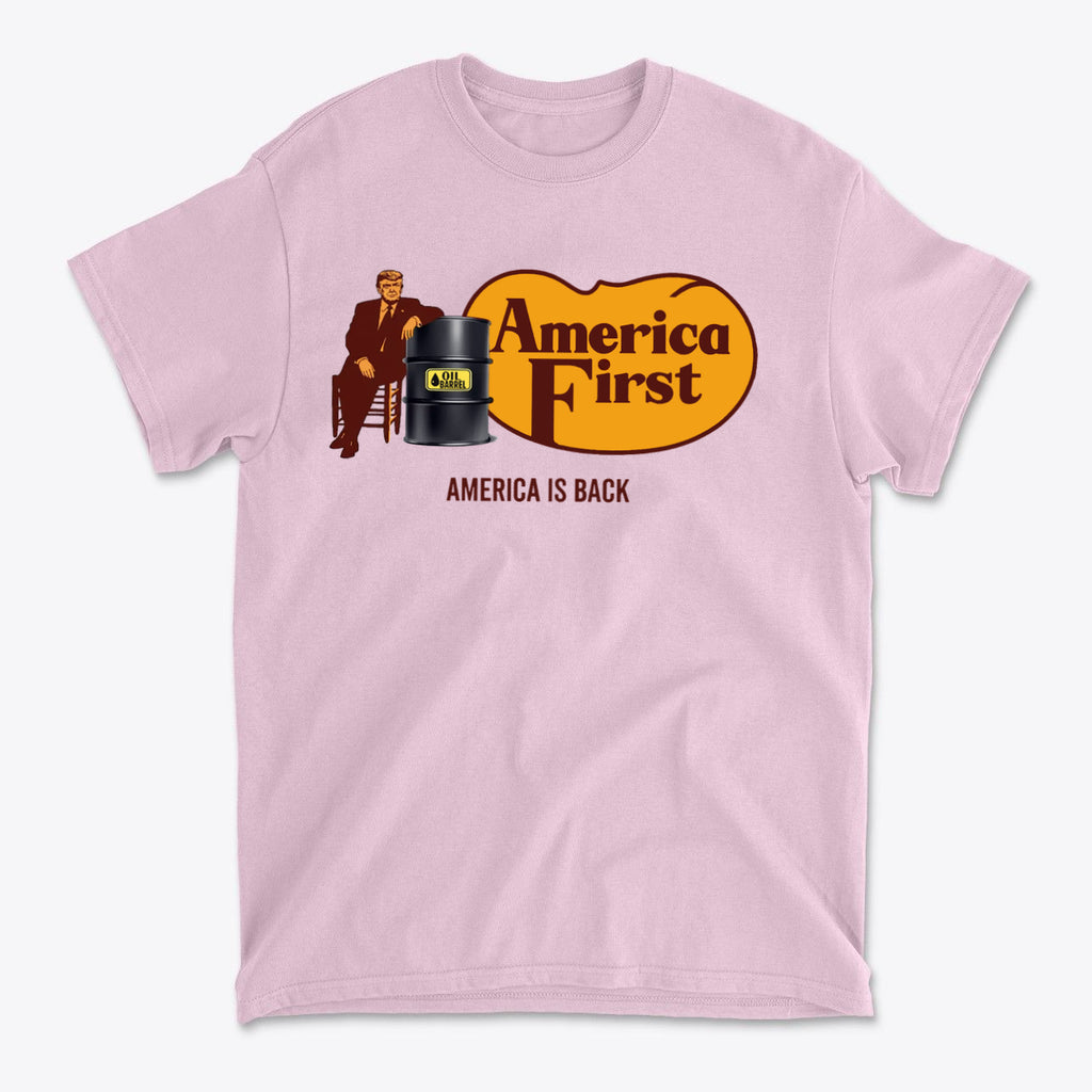 Cracker Barrel America First Print featuring 'America First' text on a pink t-shirt.
