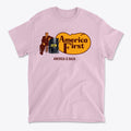 Cracker Barrel America First Print featuring 'America First' text on a pink t-shirt.
