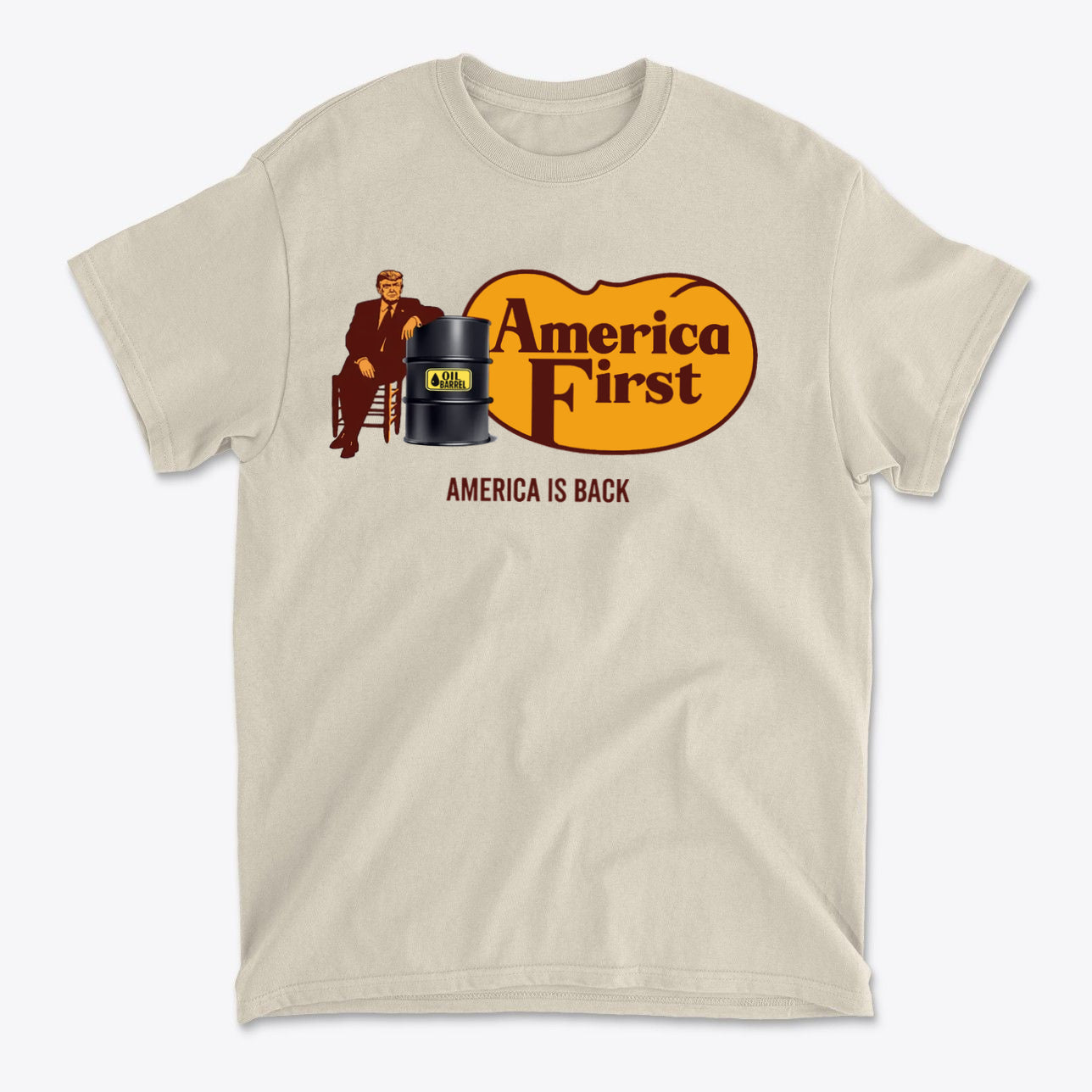 Cracker Barrel America First Print t-shirt featuring patriotic design with slogan 'America First' and image of a man.