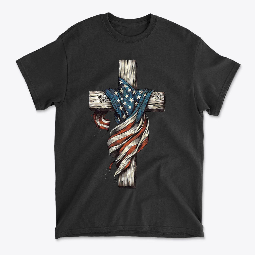 American Flag On The Cross Style t-shirt featuring a cross entwined with the American flag.