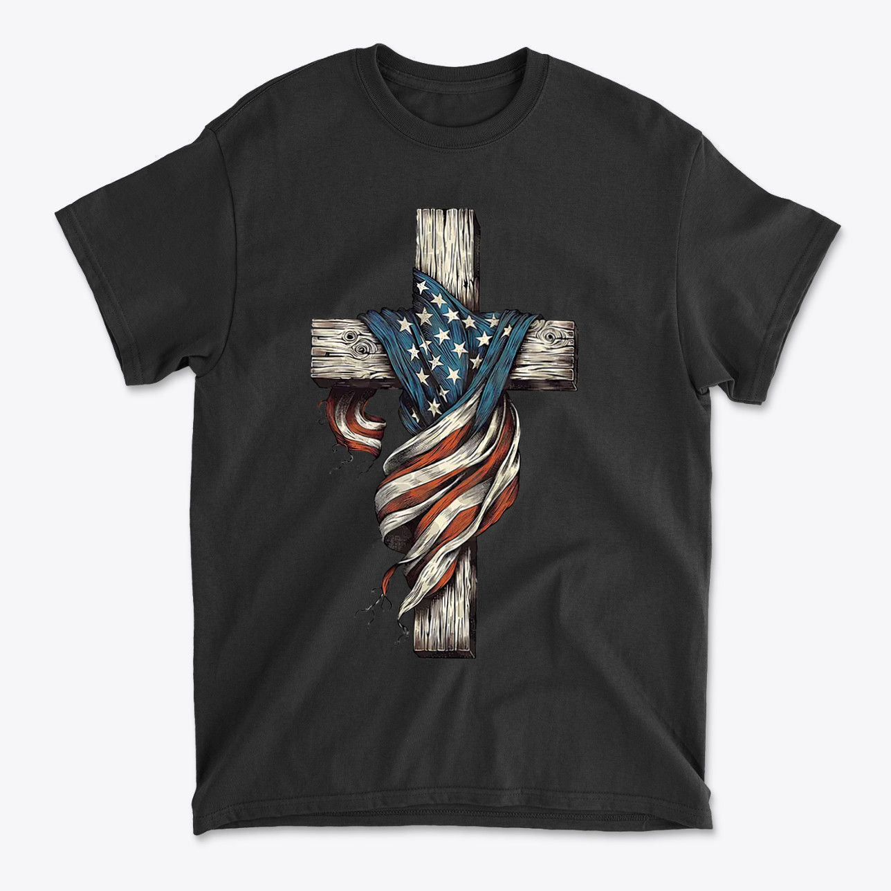 American Flag On The Cross Style t-shirt featuring a cross entwined with the American flag.