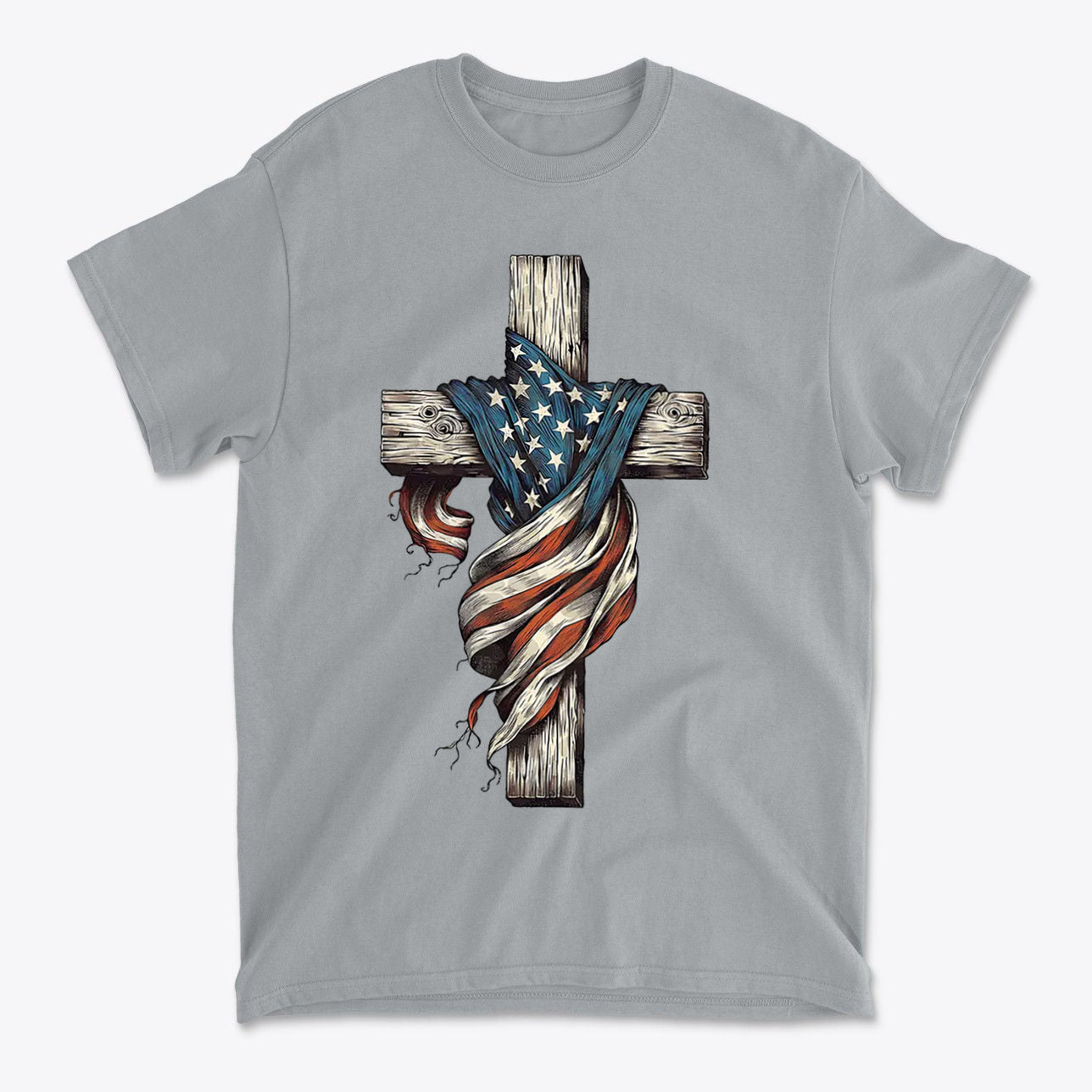 American Flag On The Cross Style t-shirt featuring a cross wrapped in the American flag design.