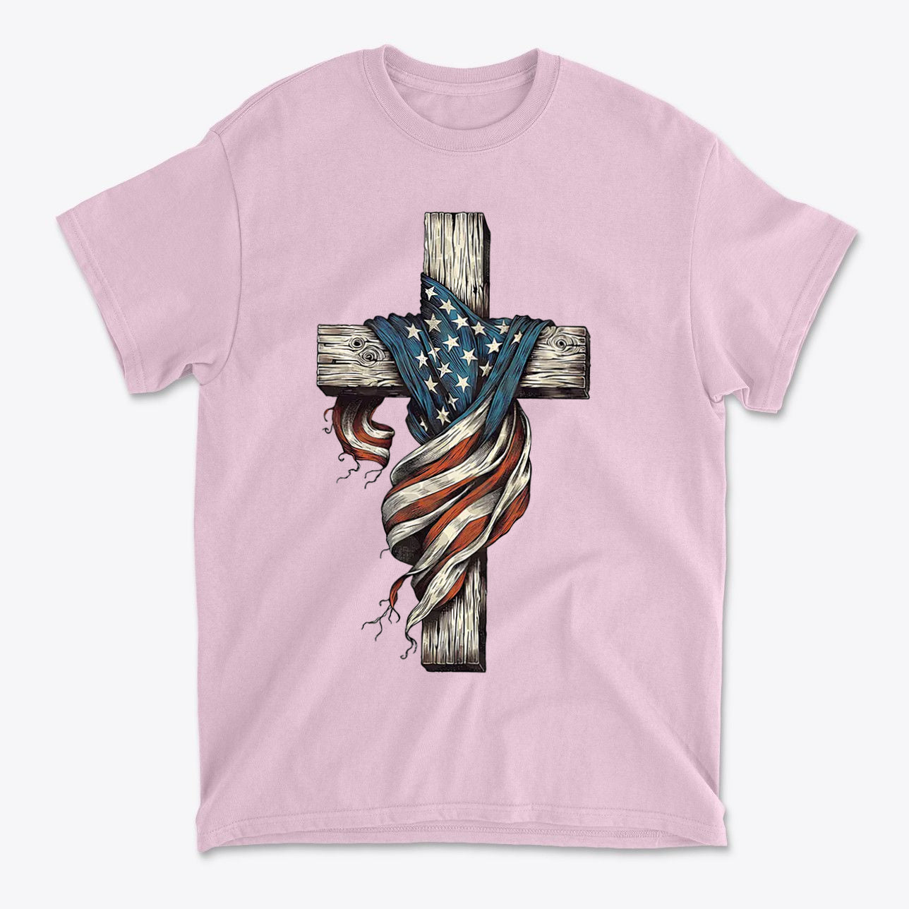 American Flag On The Cross Style design on a pink t-shirt featuring a wooden cross and flowing US flag.