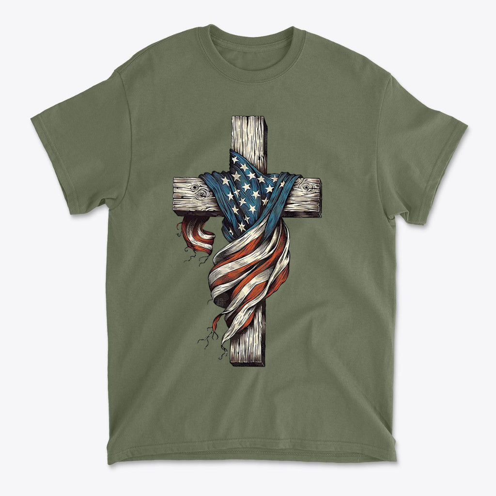 American Flag On The Cross Style t-shirt featuring a wooden cross wrapped in the American flag.