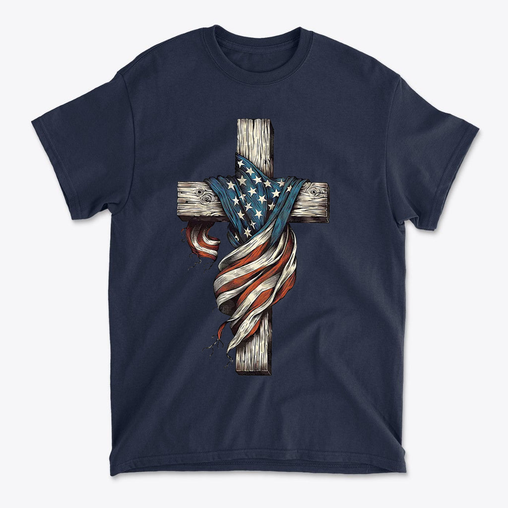 American Flag On The Cross Style t-shirt featuring a wood cross wrapped in the American flag.