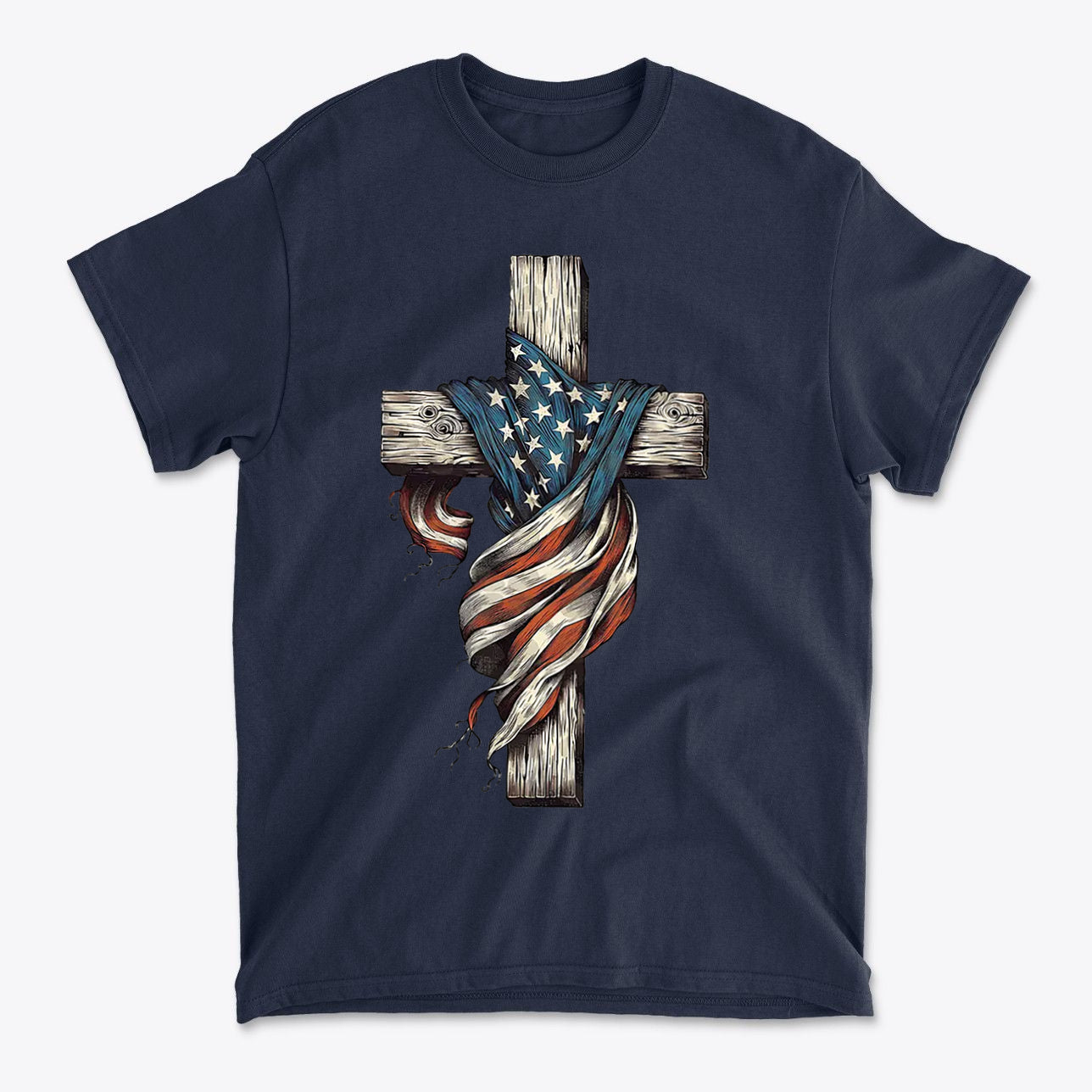 American Flag On The Cross Style t-shirt featuring a wood cross wrapped in the American flag.