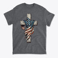 American Flag On The Cross Style t-shirt featuring a cross wrapped in the American flag design.