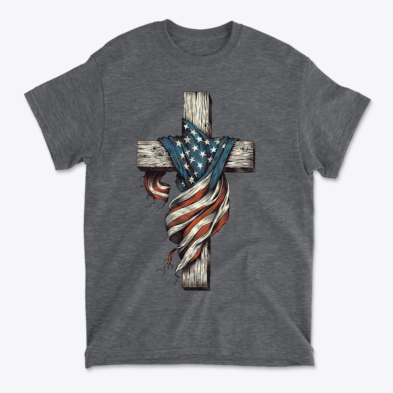 American Flag On The Cross Style t-shirt featuring a cross wrapped in the American flag design.