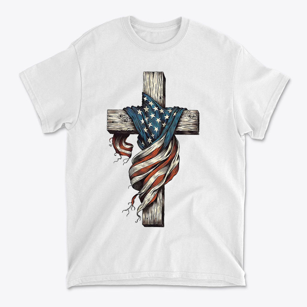 American Flag On The Cross Style shirt design with cross and draped flag, symbolizing faith and patriotism.