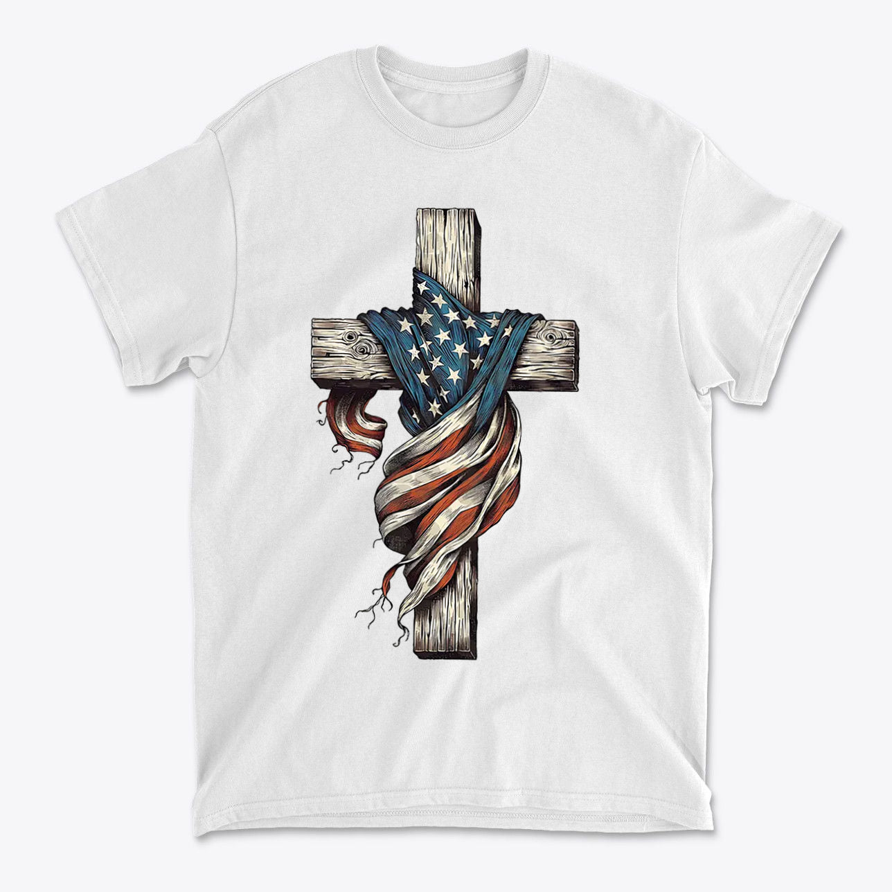 American Flag On The Cross Style shirt design with cross and draped flag, symbolizing faith and patriotism.
