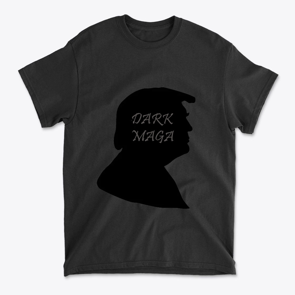 Dark MAGA Trump Silhouette Tee featuring a black silhouette design on a dark t-shirt, showcasing personal values.