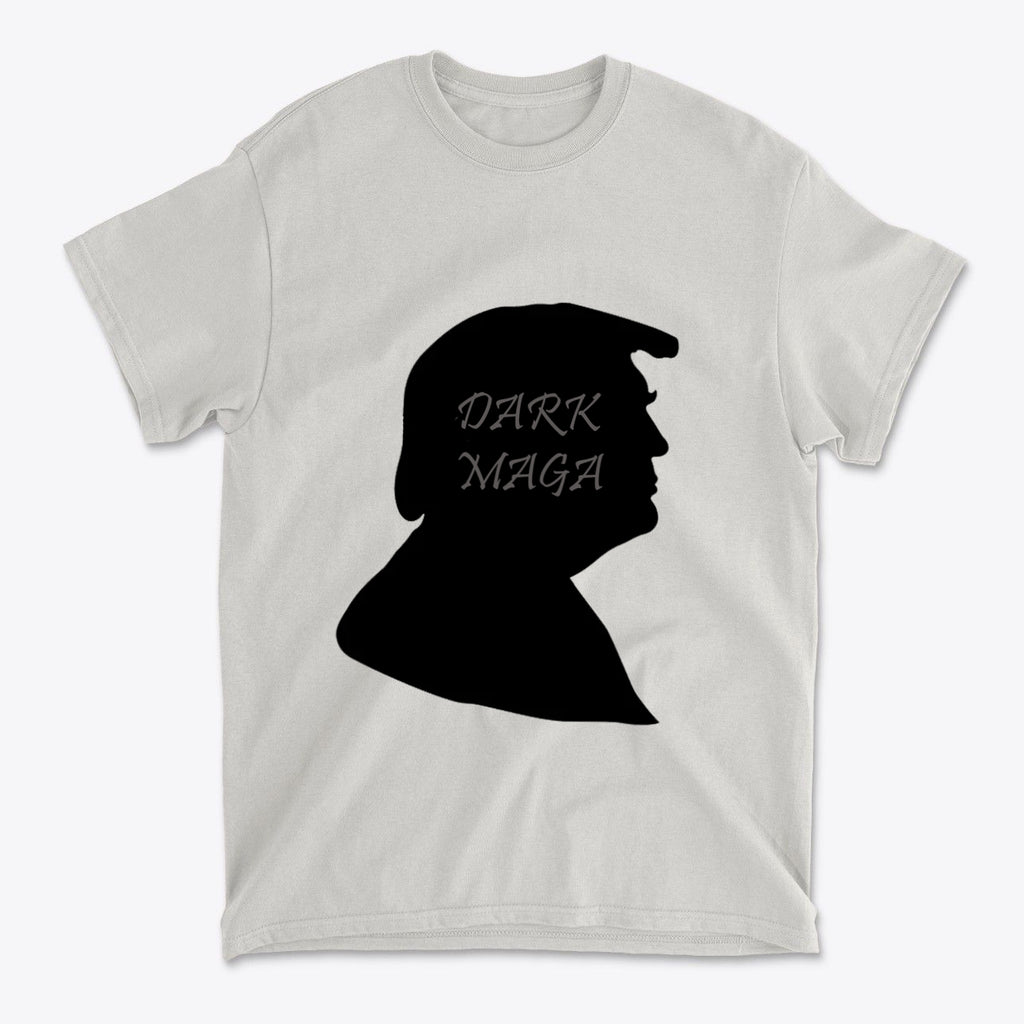 Dark MAGA Trump Silhouette Tee featuring a black silhouette design of Trump on a light-colored T-shirt.