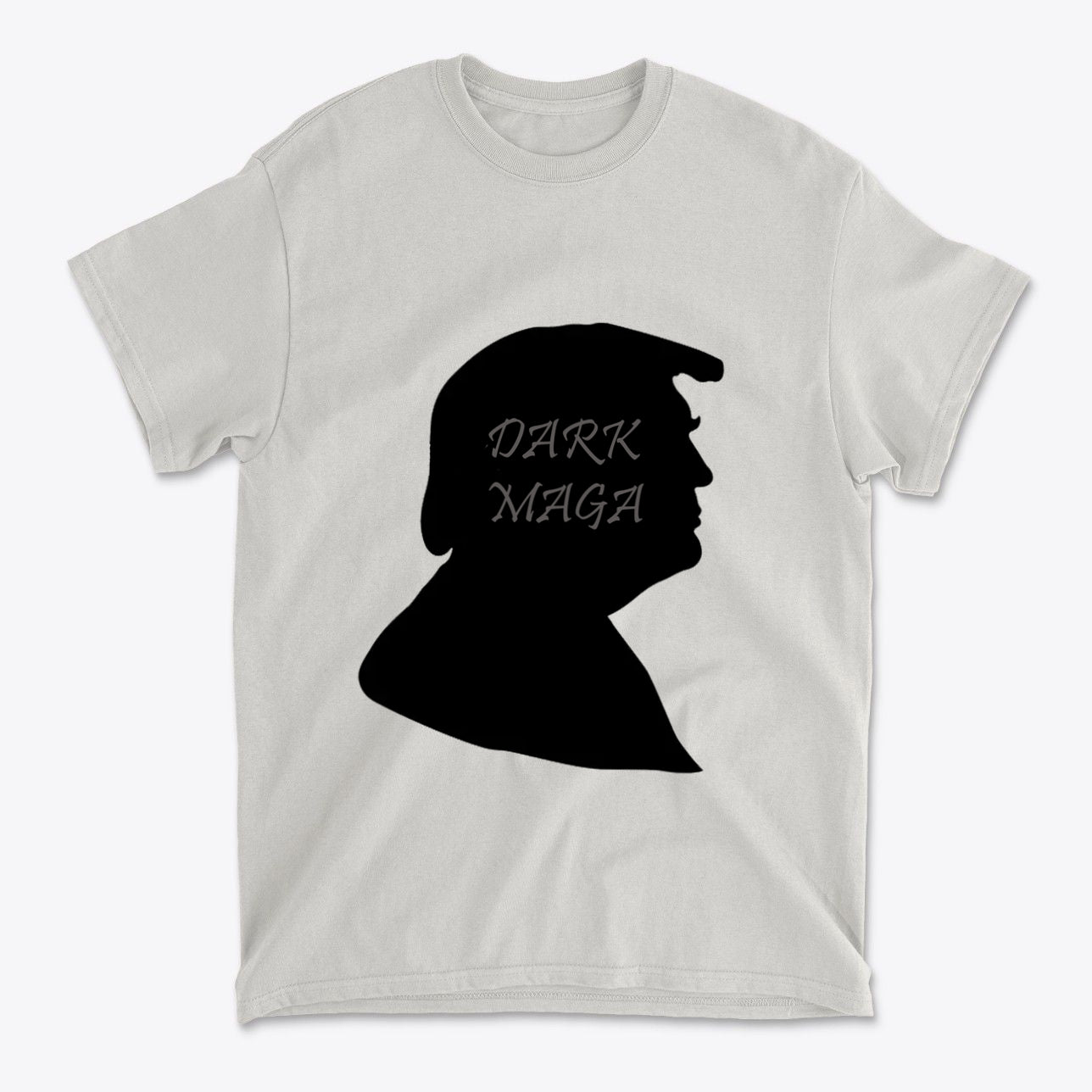 Dark MAGA Trump Silhouette Tee featuring a black silhouette design of Trump on a light-colored T-shirt.