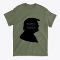 Dark MAGA Trump Silhouette Tee featuring a black silhouette of Trump on an olive green shirt.