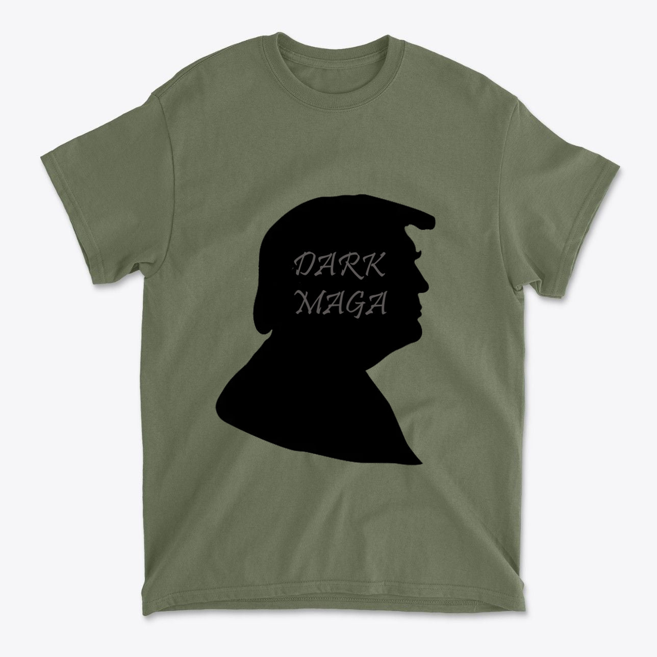Dark MAGA Trump Silhouette Tee featuring a black silhouette of Trump on an olive green shirt.